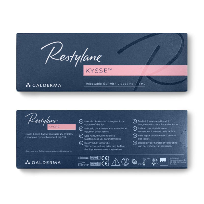 restylane kysse with lidocaine, restylane kysse 1x1ml, Dermal Filler, Restylane Dermal Filler, Galderma, front and back view by Skincare Supply Store