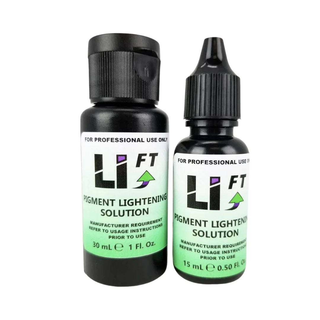 Li Pigments Li FT Pigment Lightening solution 15ml (right), Li FT Pigment lightening solution 30ml (left), saline removal, permanent makeup removal